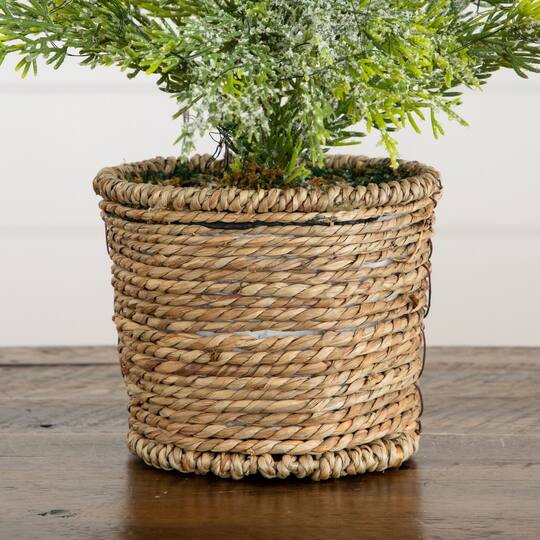 Nearly Natural 18" Pre-Lit Artificial Snowed Cypress Christmas Tree in Hyacinth Basket, Warm White LED Lights